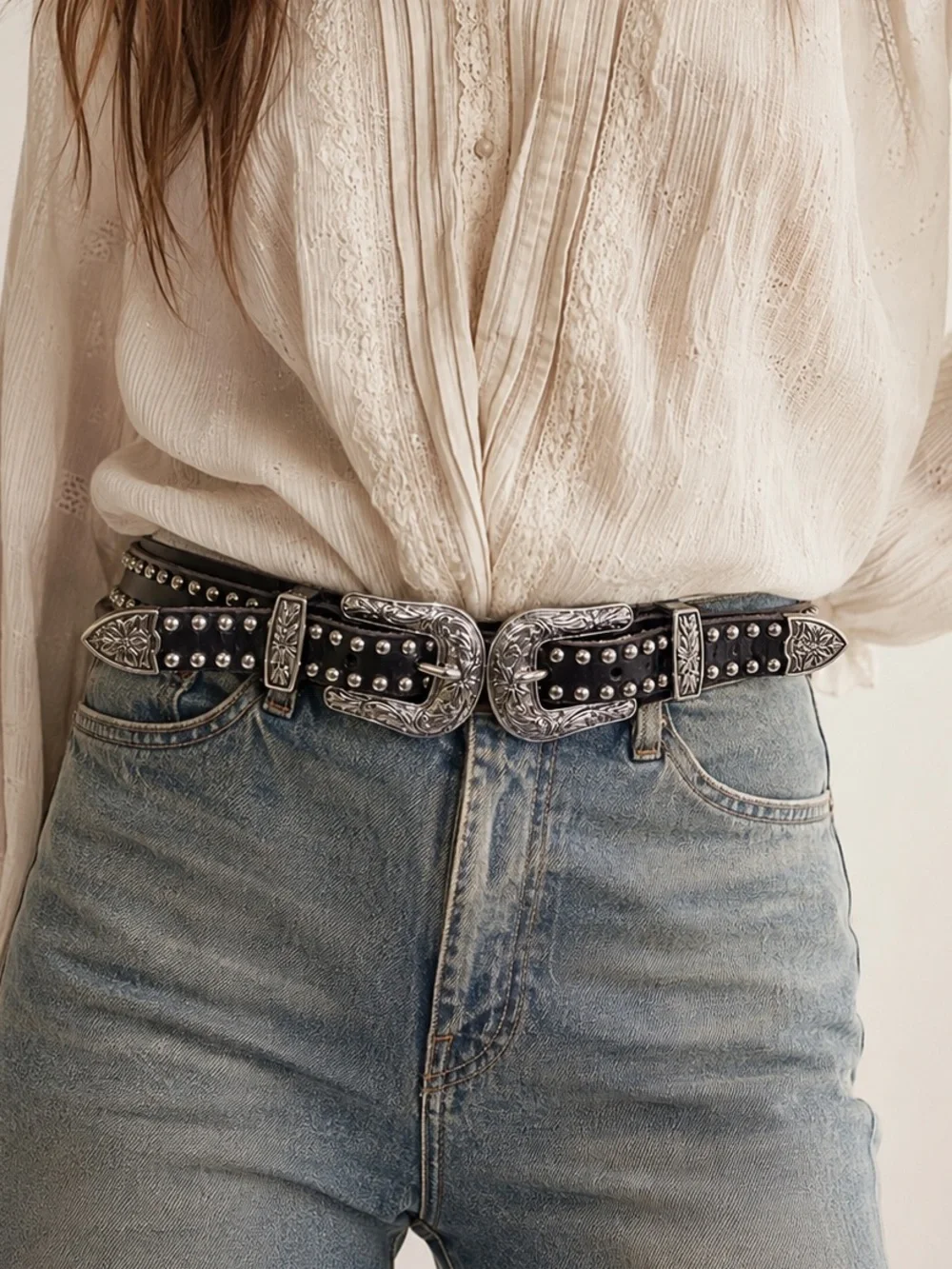 Black Leather Double Buckle Studded Western Belt